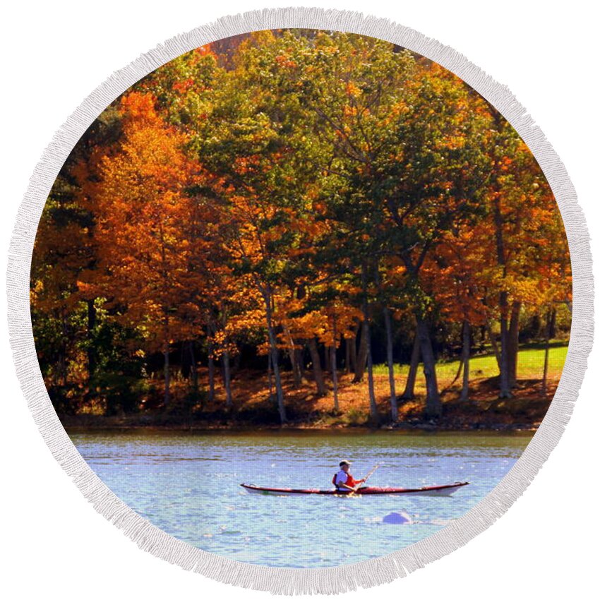 Water Round Beach Towel featuring the photograph Kayaking York River Maine by Lennie Malvone
