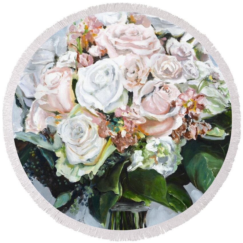 Ribbon Round Beach Towel featuring the painting Kayleigh's Bridal Bouquet by Donna Tuten