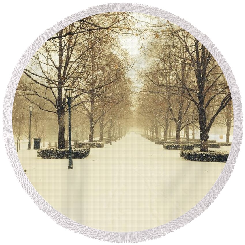 Kc Round Beach Towel featuring the photograph KC Snow with Parisian Flare by Michael Oceanofwisdom Bidwell