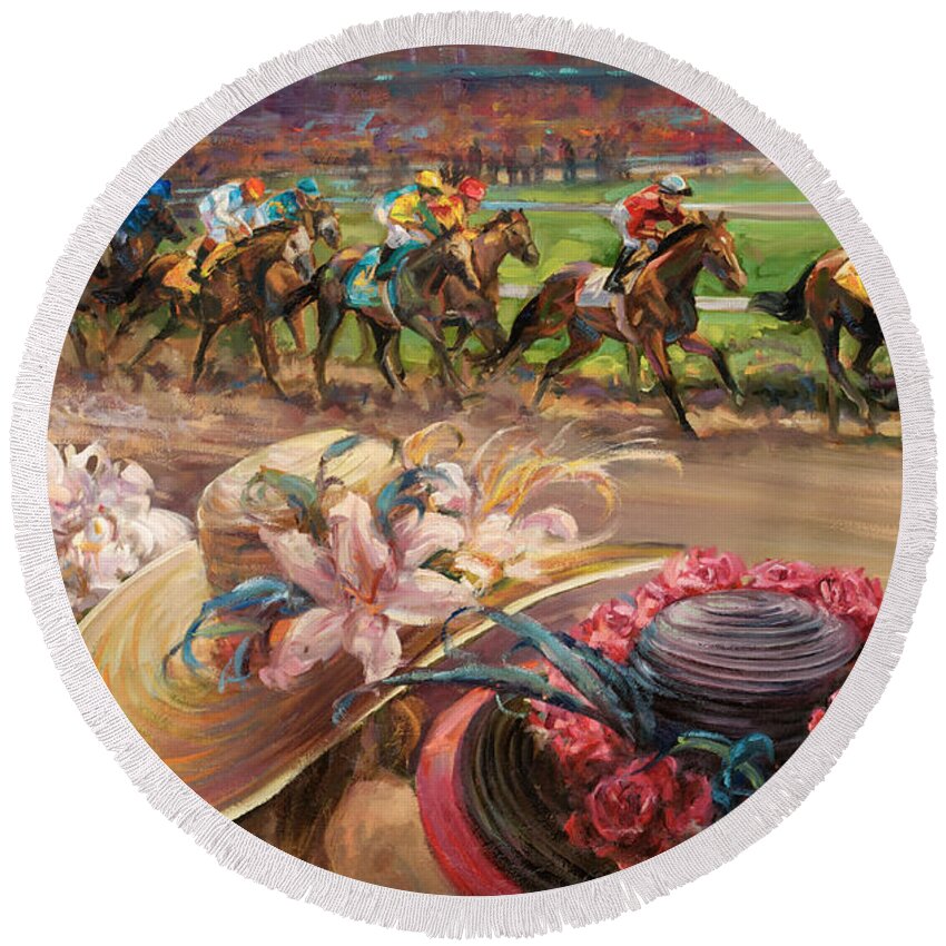 Kentucky Derby Round Beach Towel featuring the painting Kentucky Derby Ladies by Laurie Snow Hein