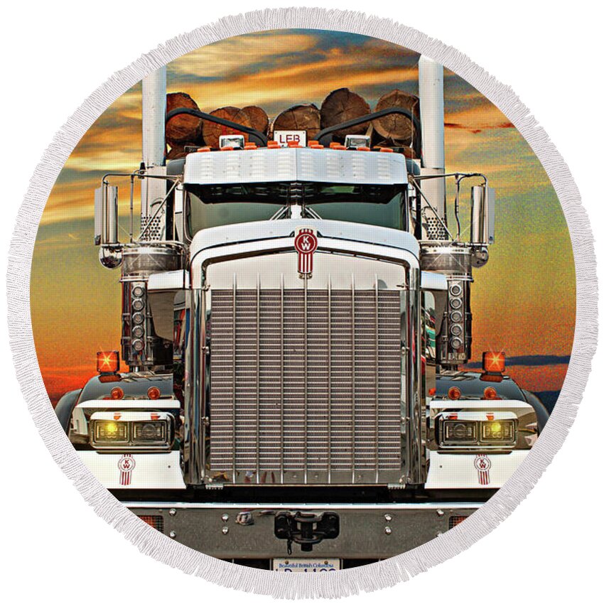 Big Rigs Round Beach Towel featuring the photograph Kenworth Logger front view by Randy Harris
