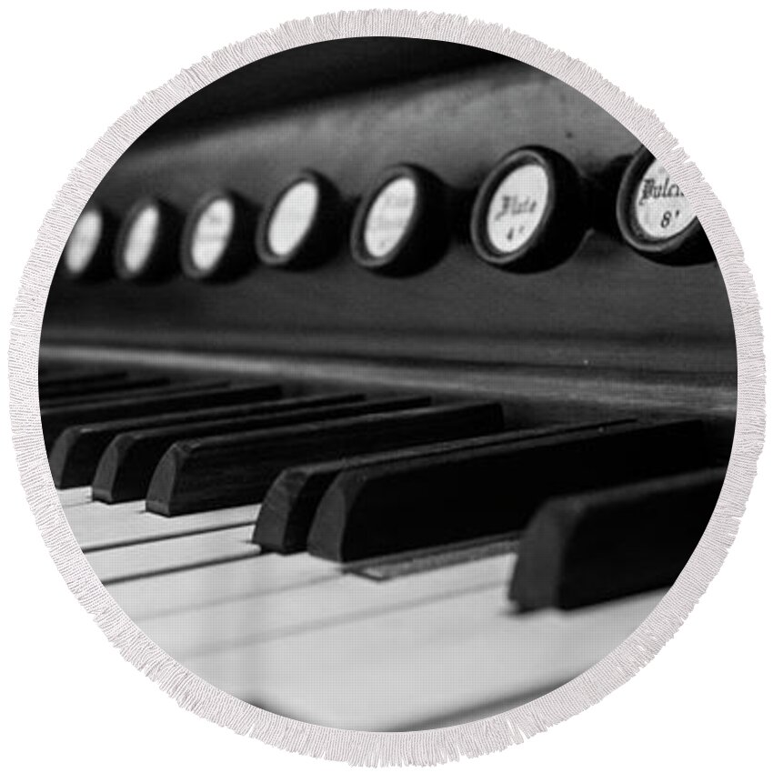 Organ Round Beach Towel featuring the photograph Keys And Knobs In Black and White by Greg and Chrystal Mimbs