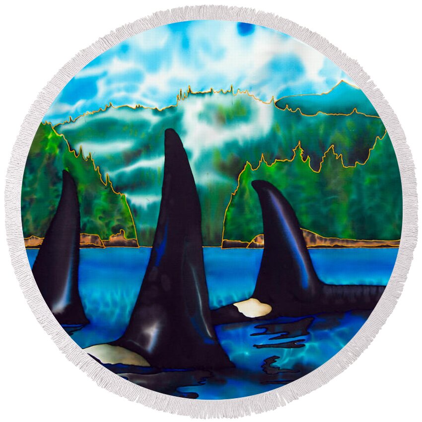  Orca Round Beach Towel featuring the painting Killer Whales by Daniel Jean-Baptiste