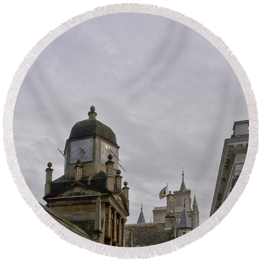 Cambridge Round Beach Towel featuring the photograph King college sundial clock tower. by Elena Perelman