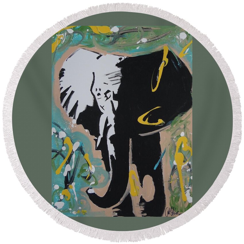 Elephant Round Beach Towel featuring the painting King Elephant by Antonio Moore