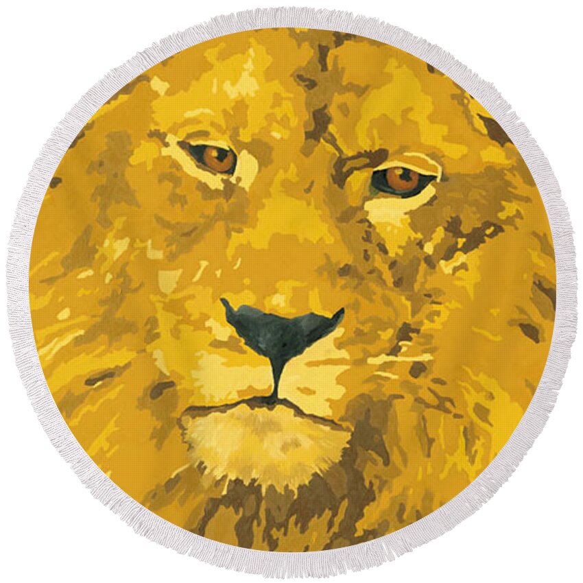 African Lion Round Beach Towel featuring the painting King of the Jungle by Cheryl Bowman
