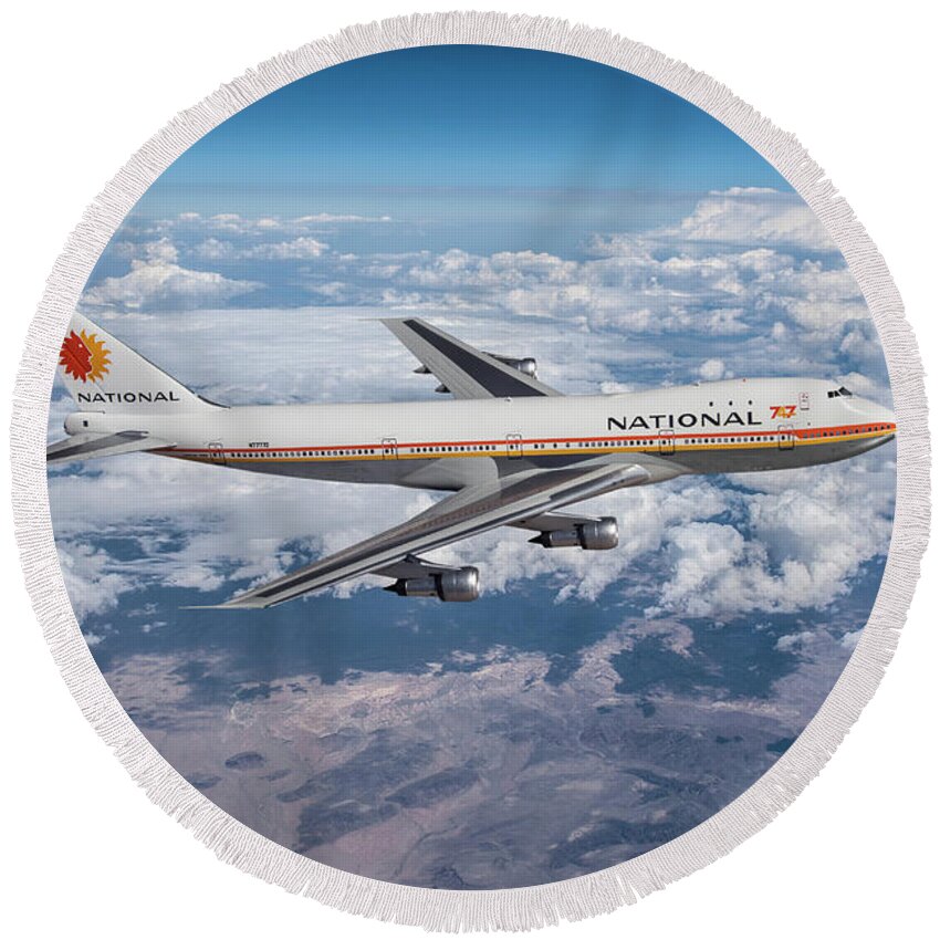 National Airlines Round Beach Towel featuring the digital art Queen of the Skies - The 747 by Erik Simonsen