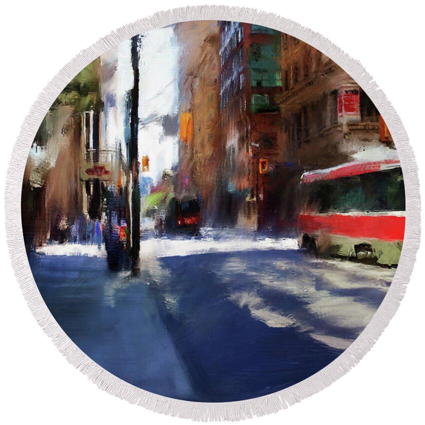 Toronto Round Beach Towel featuring the digital art King St East by Nicky Jameson