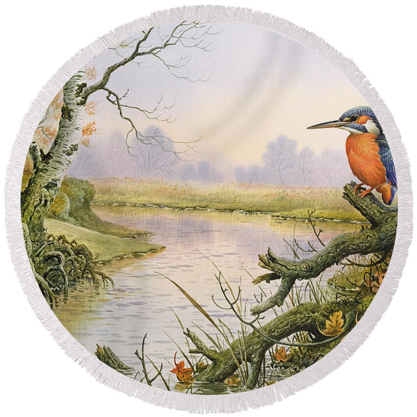 Kingfisher Round Beach Towel featuring the painting Kingfisher Autumn River Scene by Carl Donner