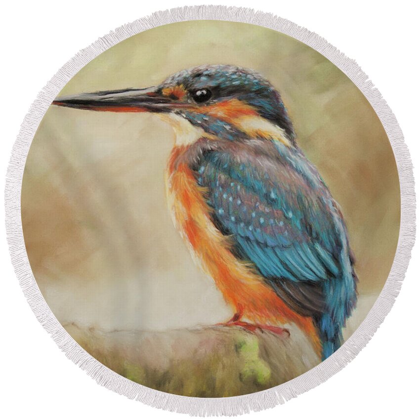 Kingfisher Round Beach Towel featuring the pastel Kingfisher by Kirsty Rebecca