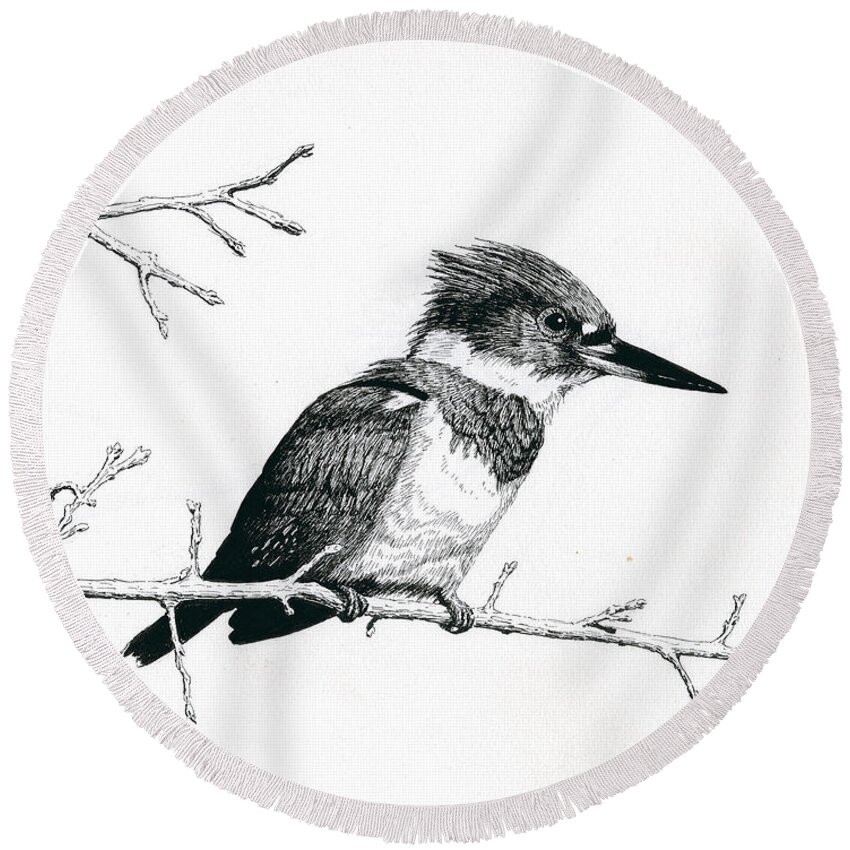 Belted Kingfisher Round Beach Towel featuring the drawing Kingfisher by Timothy Livingston
