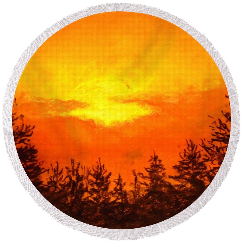 Chromatic Sunset Round Beach Towel featuring the drawing Kissed Pines by Jen Shearer