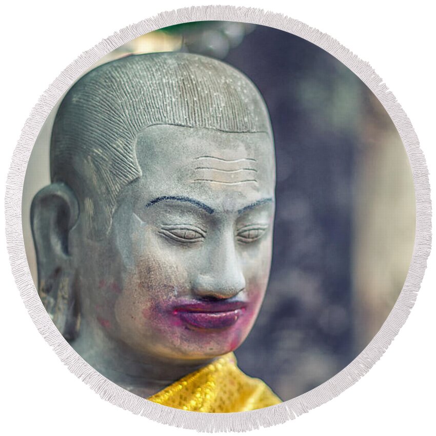 Religion Round Beach Towel featuring the photograph Kissing Buddha Angkor Wat by Stelios Kleanthous