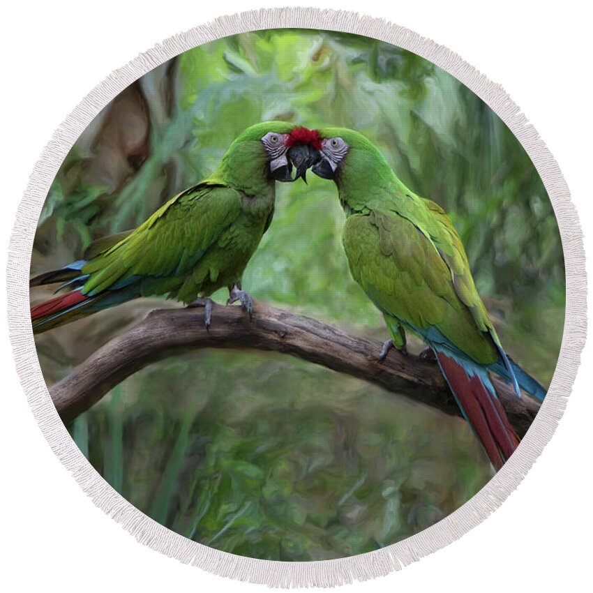 Macaw Round Beach Towel featuring the photograph Kissing Macaws by Jeff Breiman