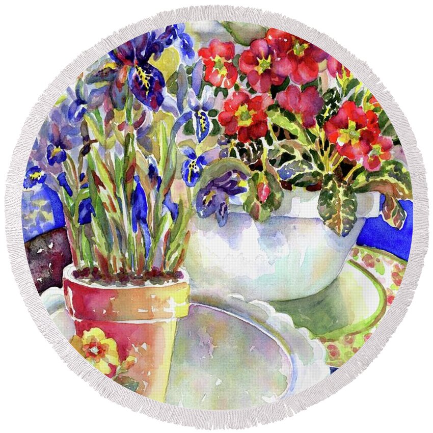 Watercolor Round Beach Towel featuring the painting Kitchen Primrose I by Ann Nicholson