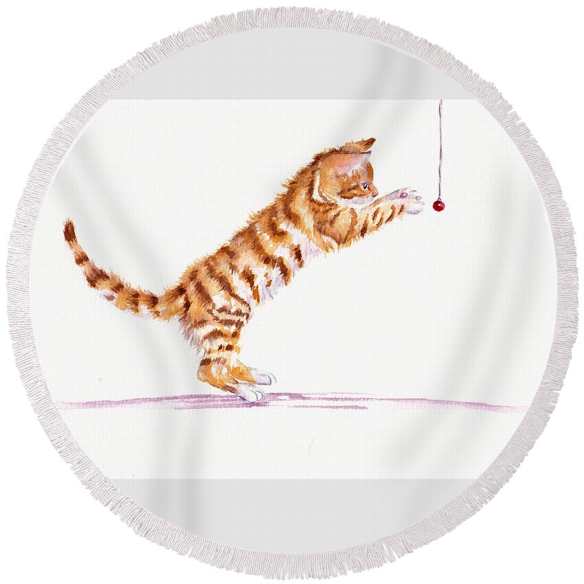 Kittens Round Beach Towel featuring the painting Kitten Teasing by Debra Hall