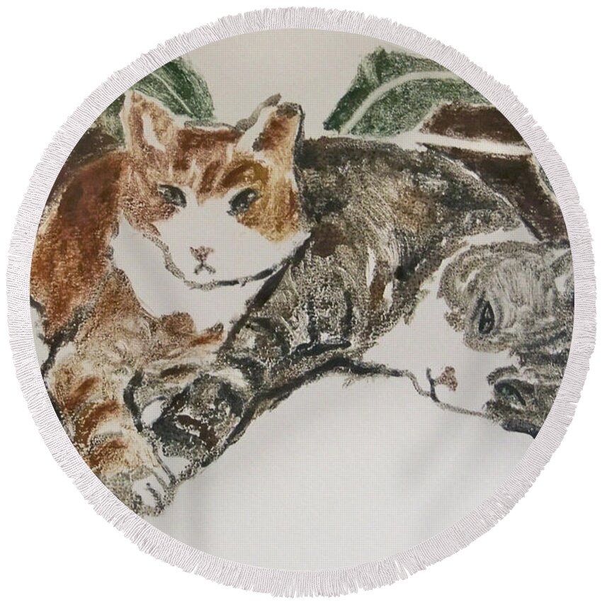 Animals Round Beach Towel featuring the painting Kittens by Thomas Tribby