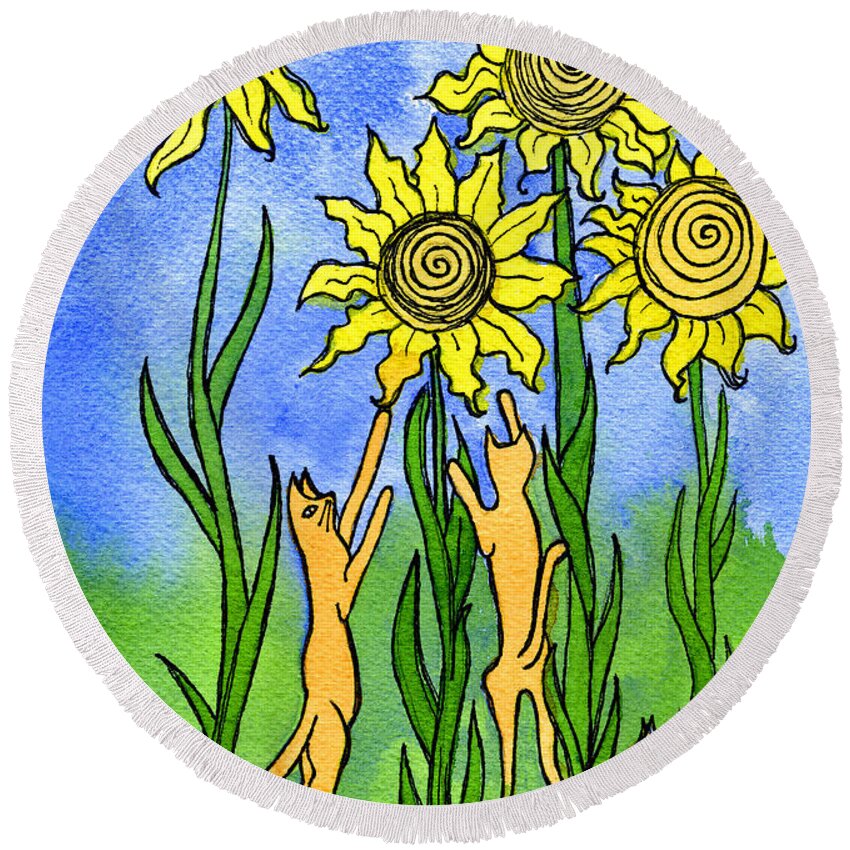 Cat Art Round Beach Towel featuring the painting Kitties Climbing Flowers by Norma Appleton