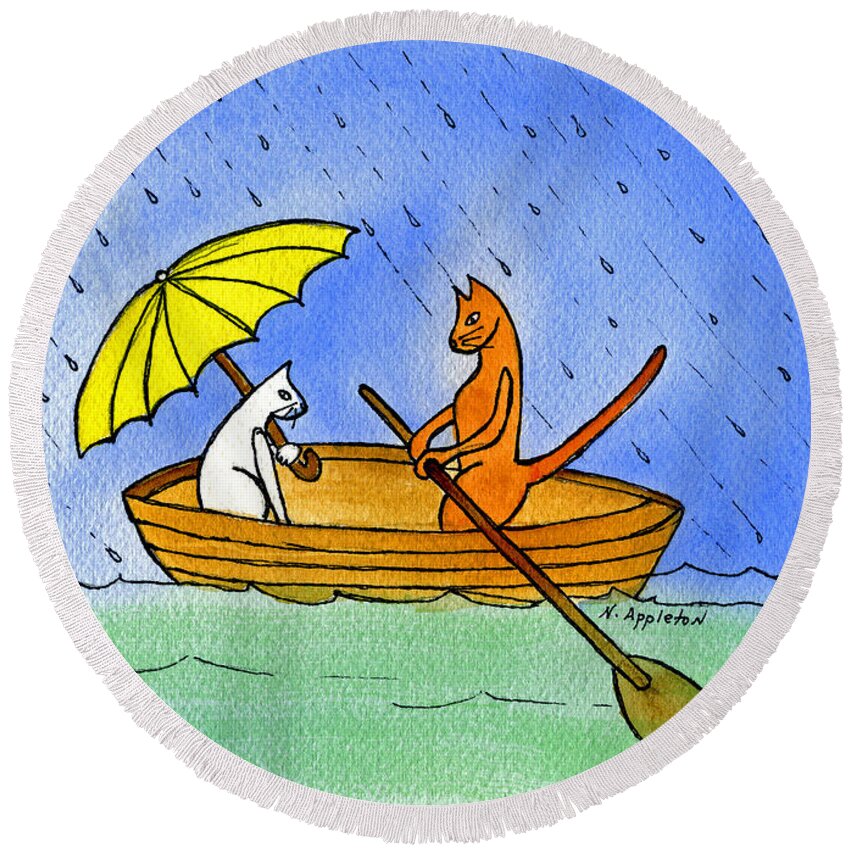 Kitties Round Beach Towel featuring the painting Kitties in a Boat by Norma Appleton