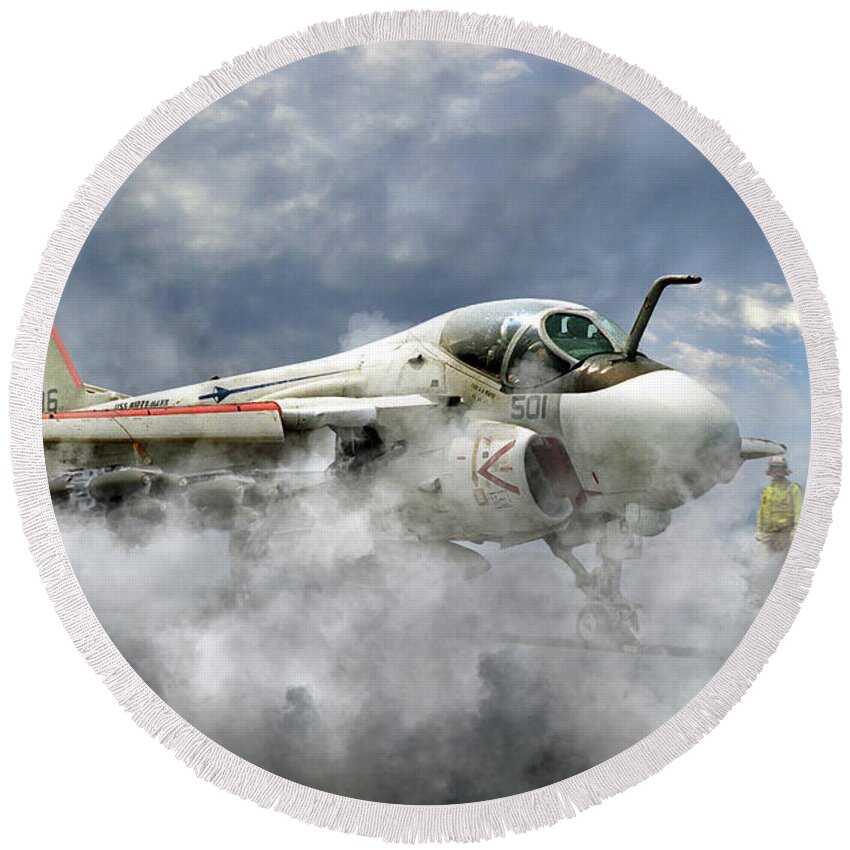 A Grumman A6 Intruder From Va-52 The 'knight Riders Ready For Launch From The Uss Kitty Hawk Round Beach Towel featuring the digital art Knight Riders by Airpower Art