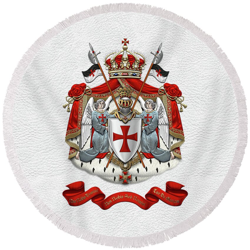 'ancient Brotherhoods' Collection By Serge Averbukh Round Beach Towel featuring the digital art Knights Templar - Coat of Arms over White Leather by Serge Averbukh