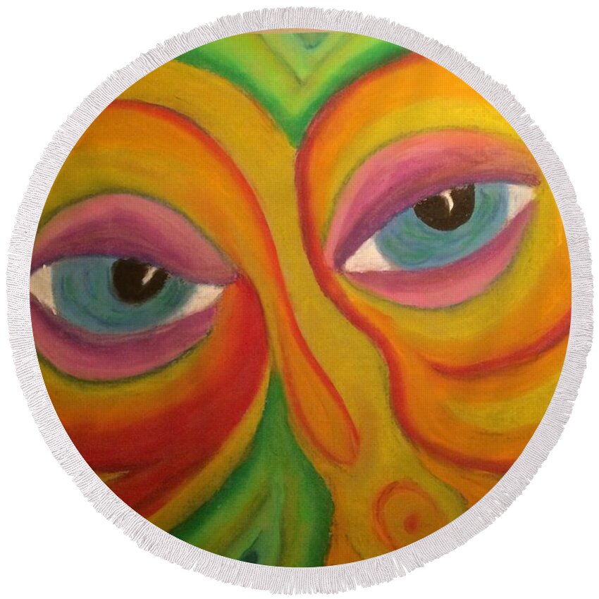 Face Round Beach Towel featuring the pastel Knowing by Steve Sommers