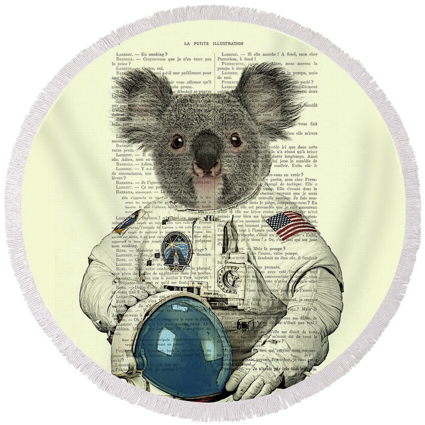 Astronaut Round Beach Towel featuring the digital art Koala in space illustration by Madame Memento