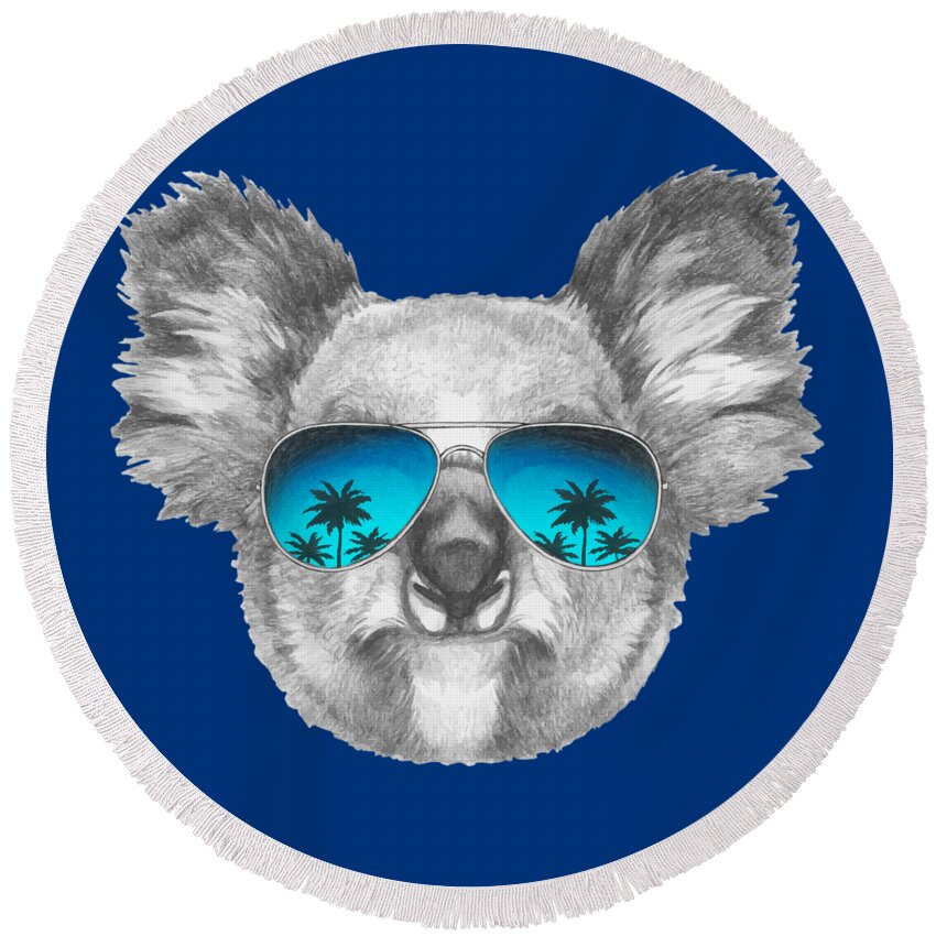 Koala Round Beach Towel featuring the digital art Koala with mirror sunglasses by Marco Sousa
