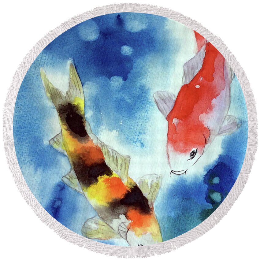 Koi Fish Round Beach Towel featuring the painting Koi Fish 4 by Hilda Vandergriff