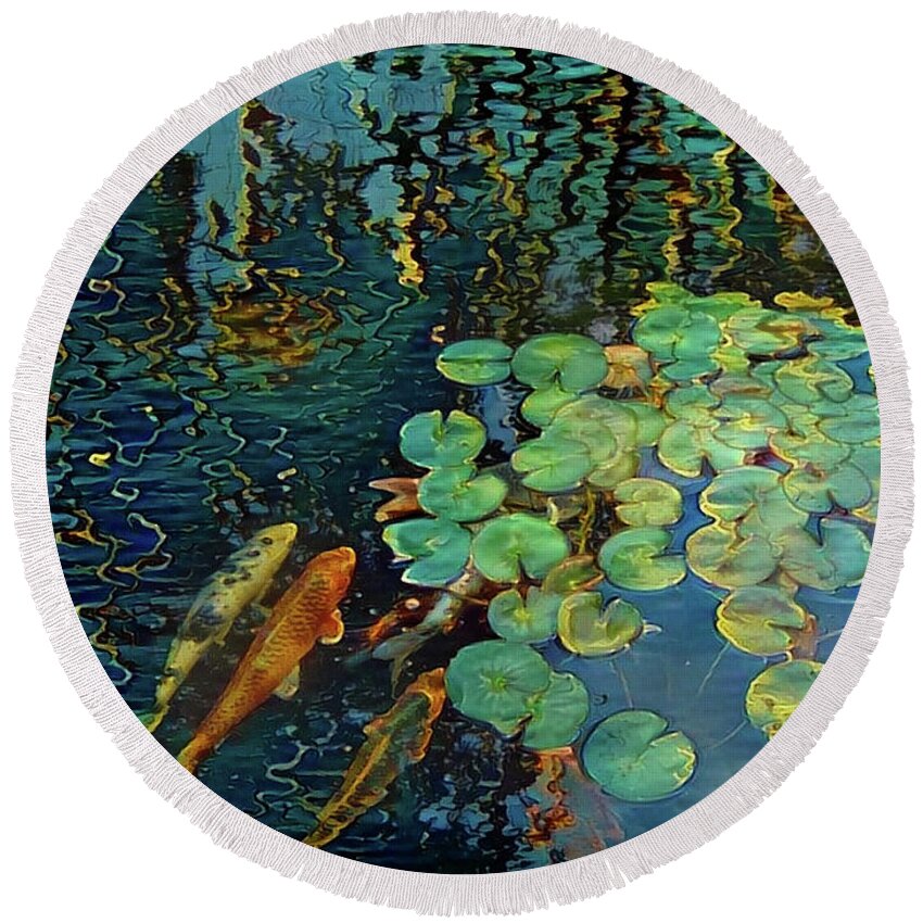 Nature Round Beach Towel featuring the digital art Koi fish in pond by Bruce Rolff