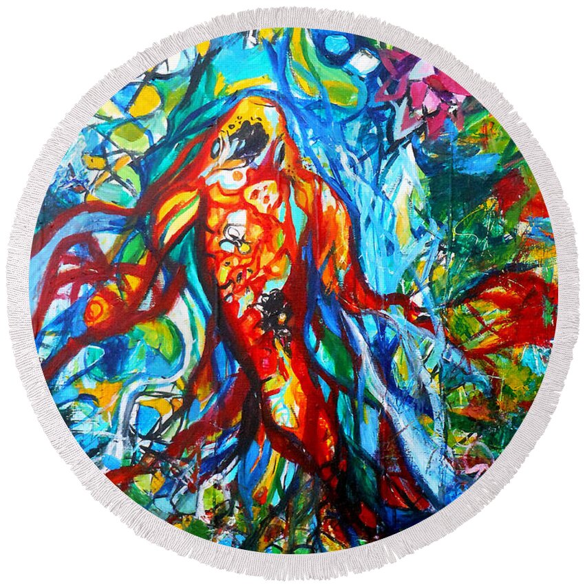 Koi Fish Round Beach Towel featuring the painting Koi Fish Mermaid by Genevieve Esson