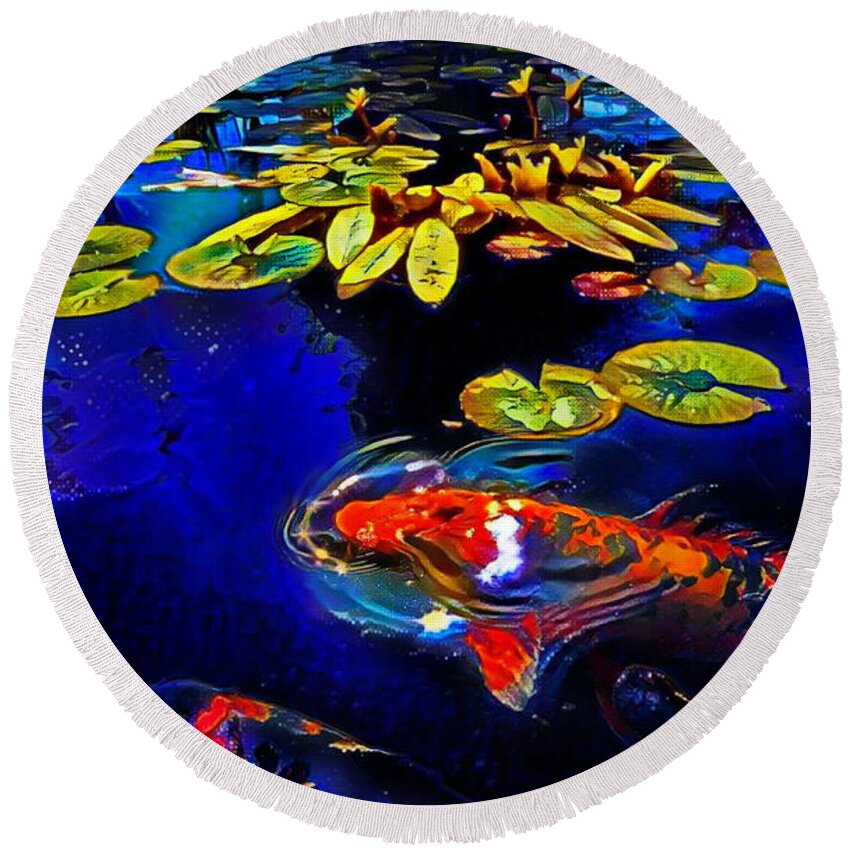 Fish Round Beach Towel featuring the digital art Koi in a Pond of Water Lilies by Russ Harris