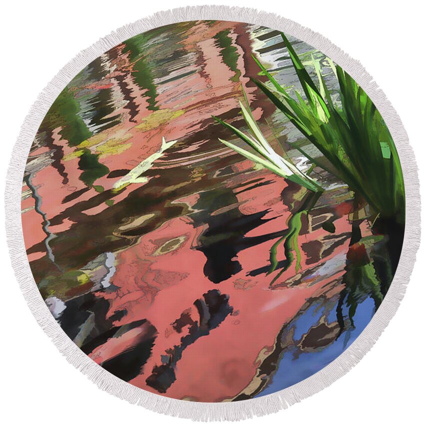 Linda Brody Round Beach Towel featuring the digital art Koi Pond Reflections Abstract I by Linda Brody