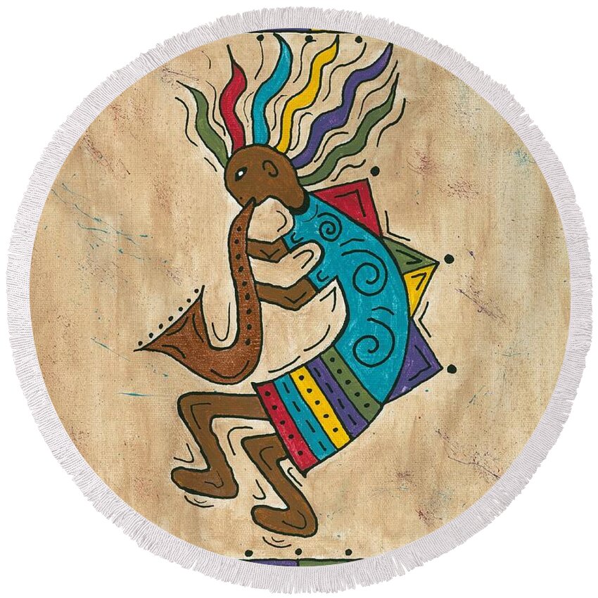 Susie Weber Round Beach Towel featuring the painting Kokopelli Sax Player by Susie WEBER