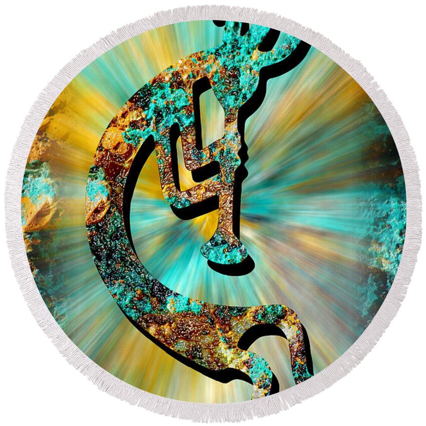 Photography Round Beach Towel featuring the digital art Kokopelli Turquoise and Gold by Vicki Pelham