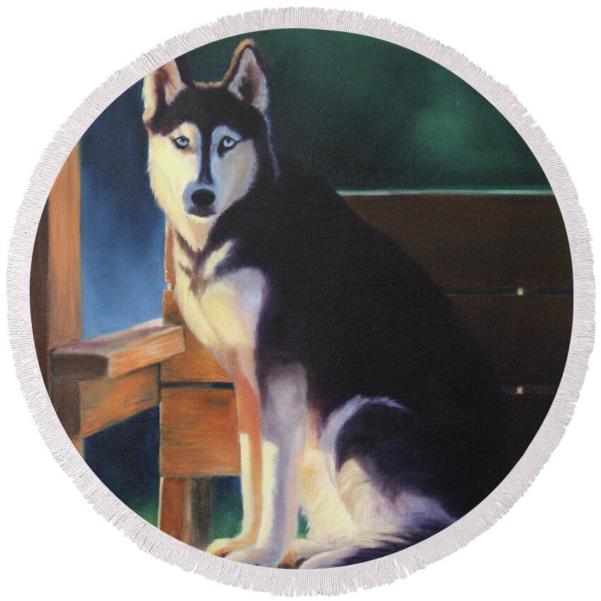 Siberian Husky; Morning Sunlight; Wooden Deck Round Beach Towel featuring the painting Kona Marie by Marg Wolf