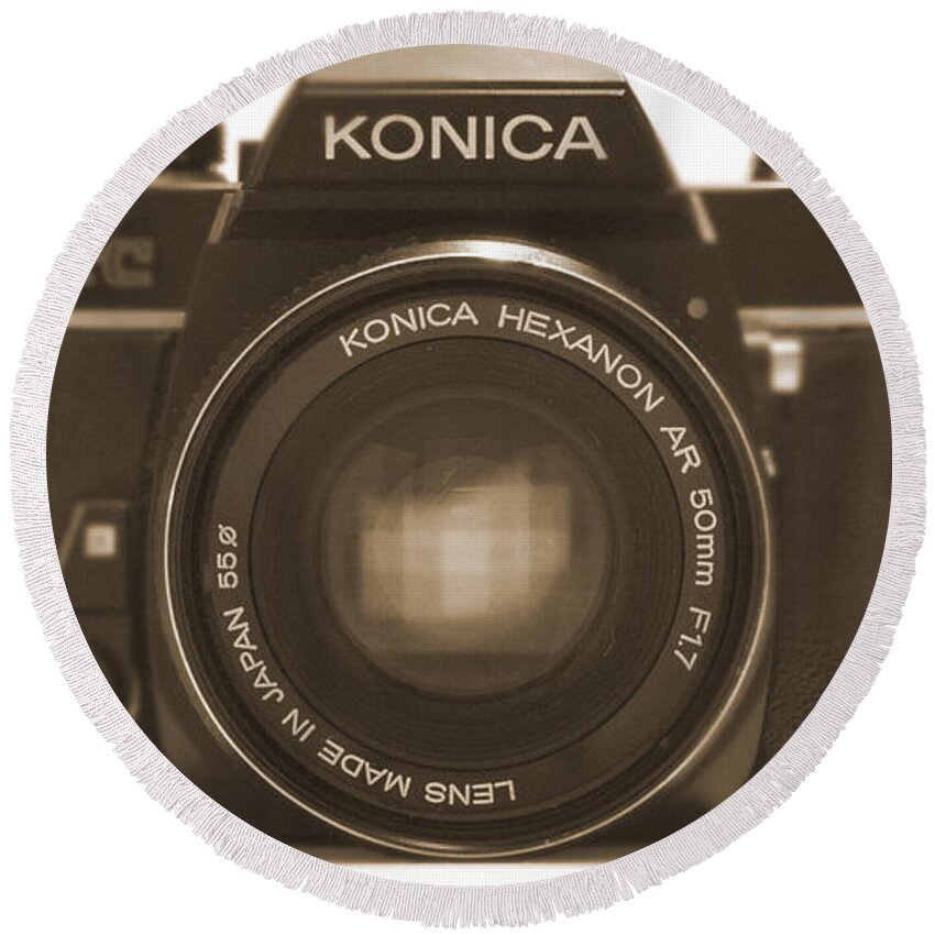 Vintage Film Camera Round Beach Towel featuring the photograph Konica TC 35mm Camera by Mike McGlothlen