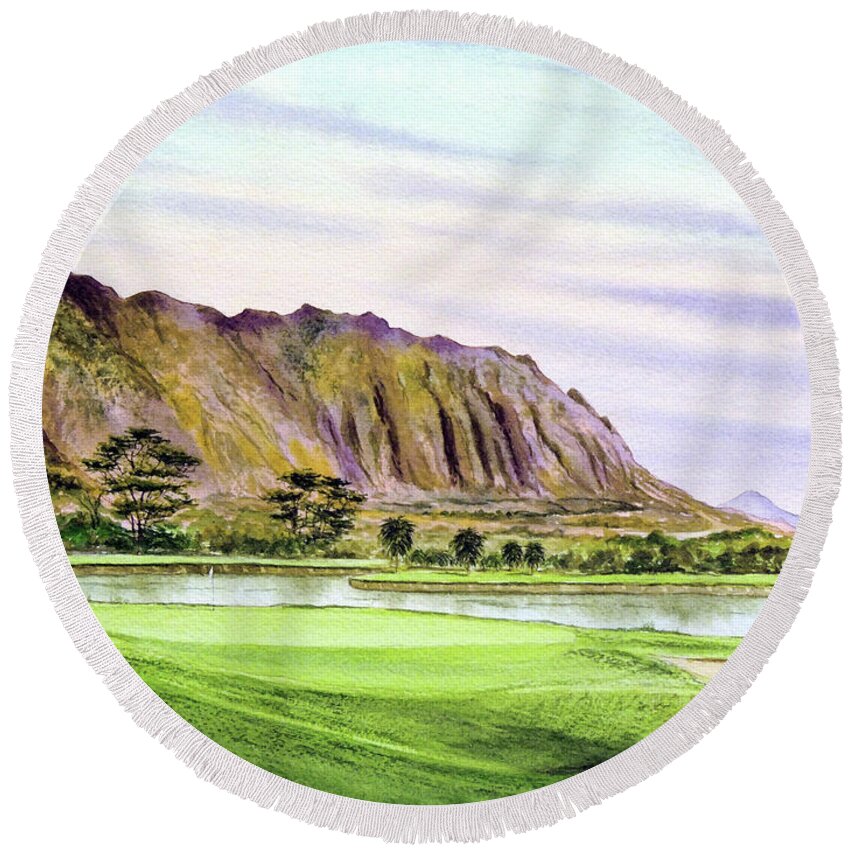 Koolau Golf Course Round Beach Towel featuring the painting Koolau Golf Course Hawaii 16Th Hole by Bill Holkham