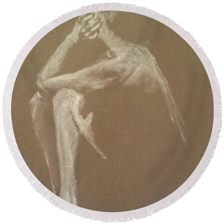 Figure Drawing Round Beach Towel featuring the drawing Kroki 2015 06 18_9 Figure Drawing White Chalk by Marica Ohlsson