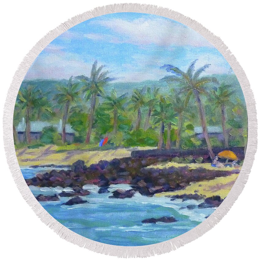 Landscape Round Beach Towel featuring the painting Kukio Beach by Stan Chraminski
