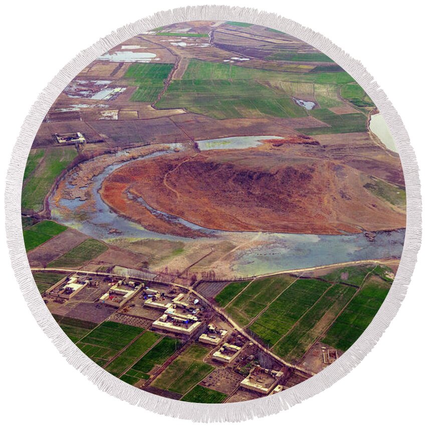 Central Asia Round Beach Towel featuring the photograph Kunduz Mound and Crops by SR Green