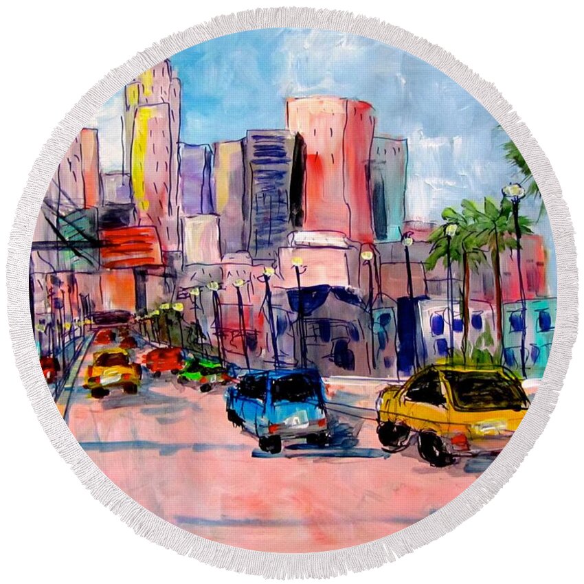 City Round Beach Towel featuring the painting L A 1st St Bridge by Barbara O'Toole
