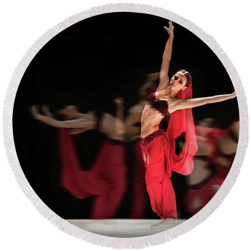 Ballet Round Beach Towel featuring the photograph La Bayadere Ballerina in red tutu ballet by Dimitar Hristov