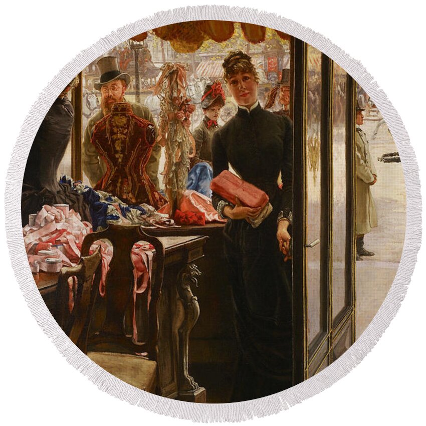 19th Century Art Round Beach Towel featuring the painting La Demoiselle de Magasin by James Tissot