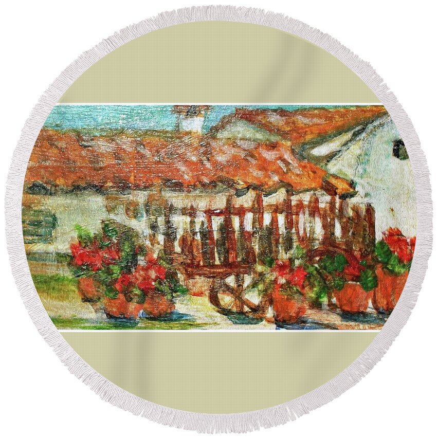 Spain Round Beach Towel featuring the painting La Mancha by Mindy Newman