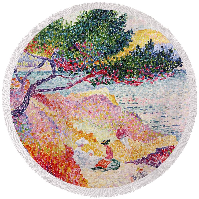 La Plage De Saint-clair Round Beach Towel featuring the painting La Plage de Saint-Clair by Henri-Edmond Cross 