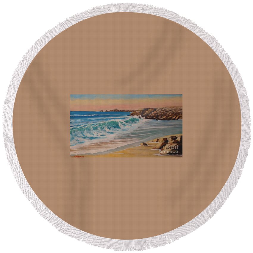 Atlantic Ocean Round Beach Towel featuring the painting La pointe du Raz, Bretagne, France by Jean Pierre Bergoeing
