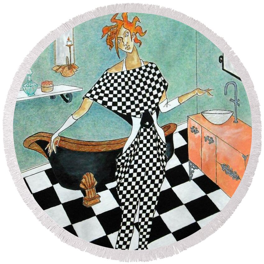 Bathroom Scene Round Beach Towel featuring the painting La Toilette -- Woman in Whimsical Art Deco Bathroom by Jayne Somogy