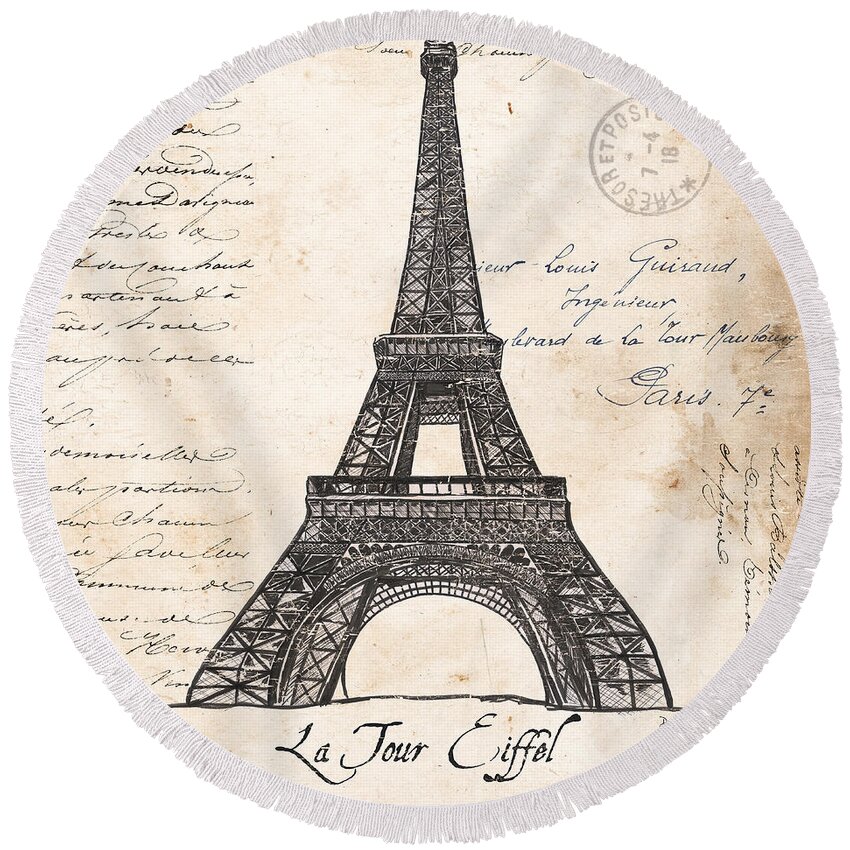 Eiffel Tower Round Beach Towel featuring the painting La Tour Eiffel by Debbie DeWitt
