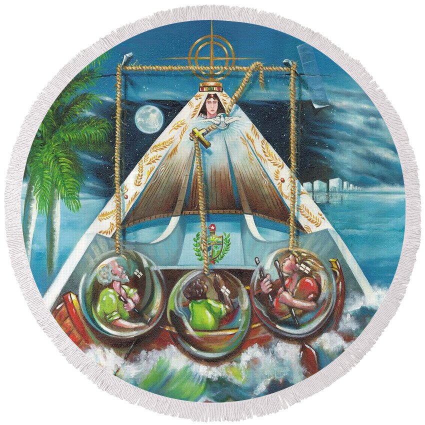 Ermita De La Caridad Round Beach Towel featuring the painting La Virgen de la Caridad del Cobre en Miami by Roger Calle